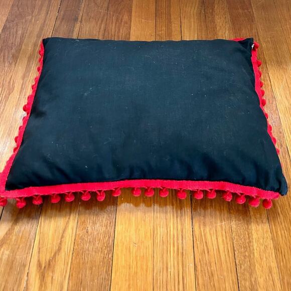 Vintage Handmade "Sweet as a Rose" Black Pillow with Red Pom Pom Trim Border - Picture 6 of 12